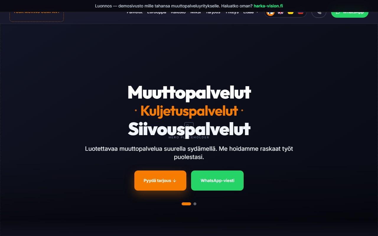 Luonnos muuttopalvelun sivusta. Kolme kieltä, yhteydenotto etualalla.