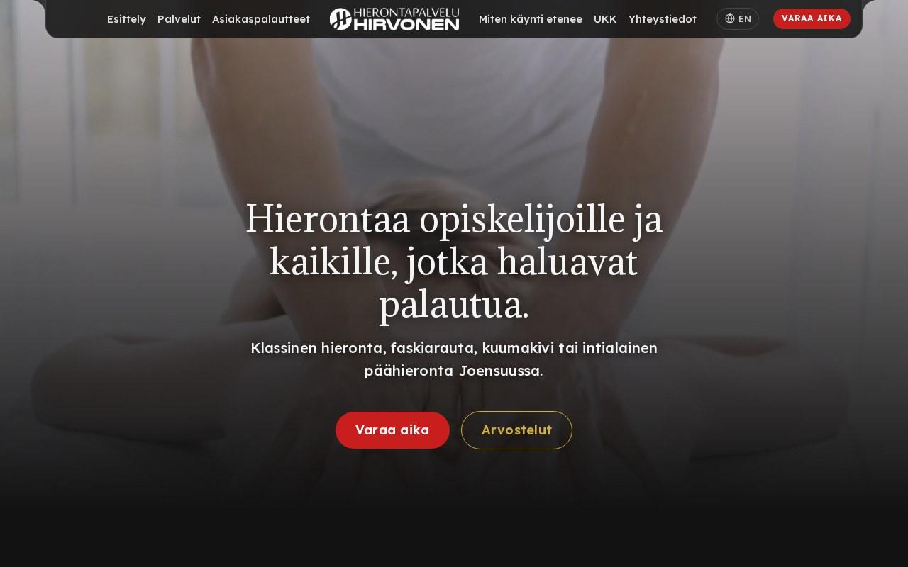Hierontapalvelu Hirvonen Joensuu. Tumma etusivu punaisella ja kullalla.