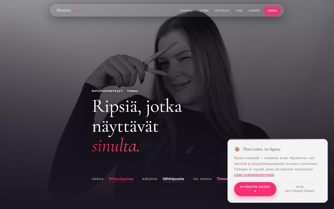 Mamina Lash Helsingissä. Ripsistudion sivu, varaus selkeästi esillä.